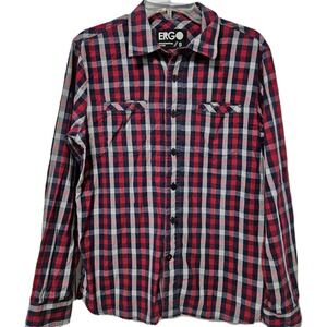 Ergo Flannel Shirt Mens Small Red Blue White Plaid Button Up 100% Cotton Outdoor